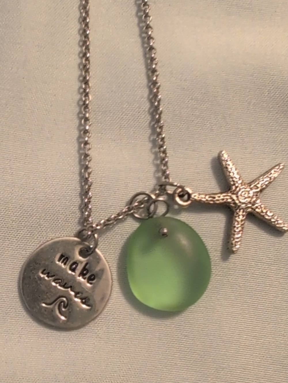 Silver Sea Glass Starfish Pendant Necklace - Green